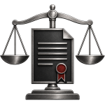 Scales of justice with a certificate icon, representing Regulation and Governance