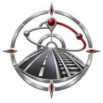 Metallic transport emblem featuring a road and rail motif with red accent markers, representing transport infrastructure and connectivity.