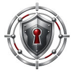 Metallic shield emblem with a central keyhole and red accents, representing national security, protection and resilience.