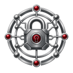 Metallic cyber emblem with a digital padlock and connected circuit nodes, representing cybersecurity and emerging technology systems.