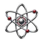Metallic atom emblem with orbital rings and red accent nodes, representing nuclear capability, safety and assurance.
