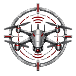 Metallic drone emblem with signal-wave details and red accents, representing autonomous and uncrewed systems.
