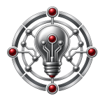 Metallic lightbulb emblem with circuit-style connections and red accents, representing innovation, experimentation and emerging ideas.