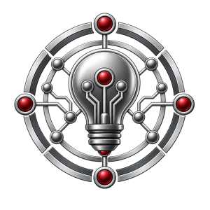 Metallic lightbulb emblem with circuit-style connections and red accents, representing innovation, experimentation and emerging ideas.