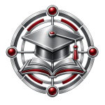 Metallic graduation cap and open book emblem with red accents, representing training, professional development and capability growth.