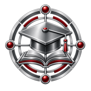 Metallic graduation cap and open book emblem with red accents, representing training, professional development and capability growth.