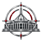 Metallic government building emblem with pillared architecture and red accent details, representing government and regulatory engagement.