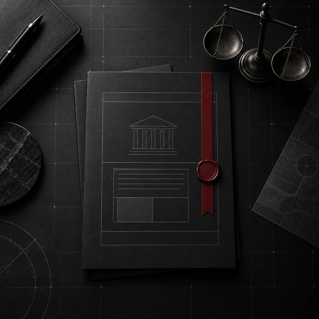 Courthouse illustration with scales of justice and a sealed document, representing Phinteq's regulation and governance services